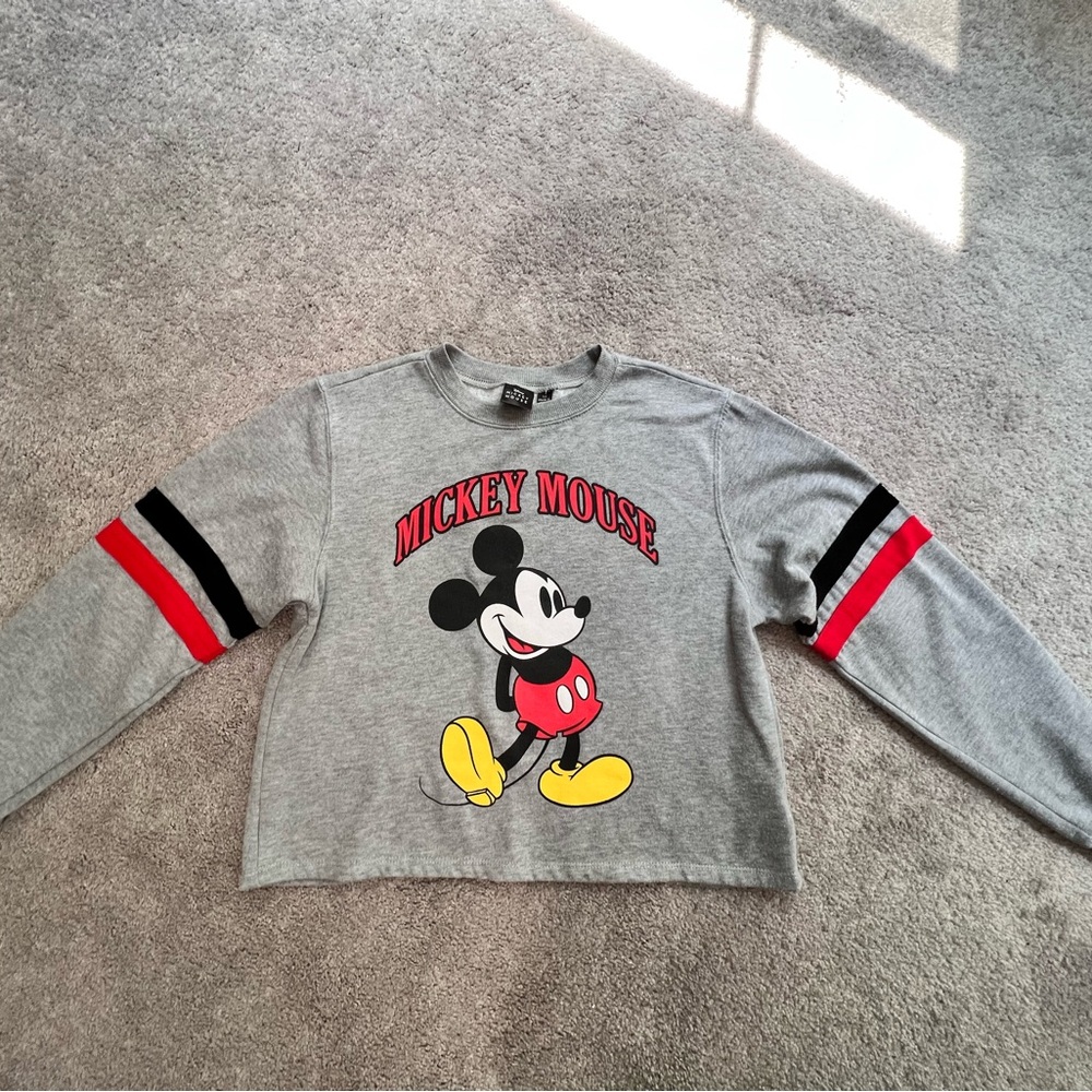 Disney Gray and Red Mickey Mouse Crew Neck Sweater